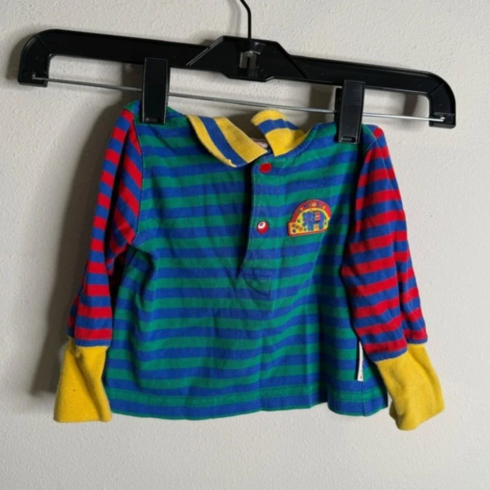 Vintage Gymboree Infant Blue Red Colorful Striped Polo Shirt Elephant Applique‎